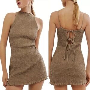 Free People Iyla Smocked Square Neck Mini Dress Olive Green Tie Back Size M
